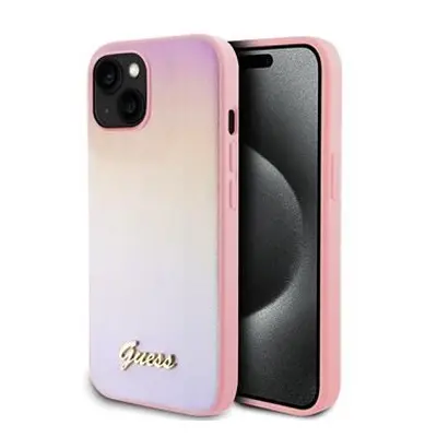 Guess PU Leather Iridescent Metal Script Zadní Kryt pro iPhone 15 Pink