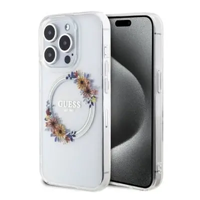 Guess PC/TPU Flowers Ring Glossy Logo MagSafe Zadní Kryt pro iPhone 15 Pro Transparent