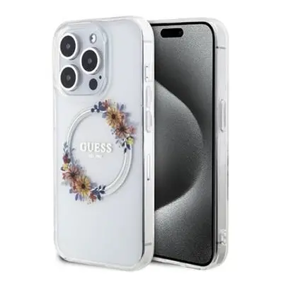 Guess PC/TPU Flowers Ring Glossy Logo MagSafe Zadní Kryt pro iPhone 15 Pro Max Transparent