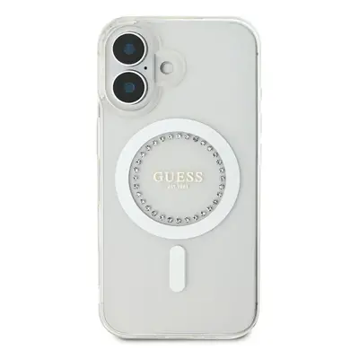 Kryt na mobil Guess IML Rhinestones Ring MagSafe Zadní Kryt pro iPhone 16 White