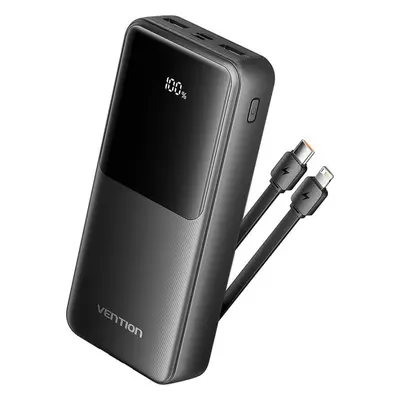 Powerbanka Vention 20000mAh Power Bank with Integrated USB-C and Lightning Cables 22.5W Black LE