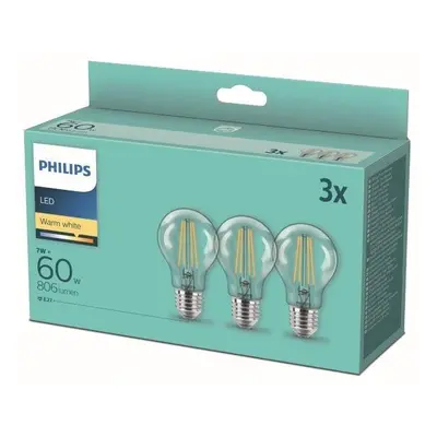 Philips 8718699777777 LED sada filamentových žárovek 3x7W-60W | E27 | 806lm | 2700K - set 3ks, č