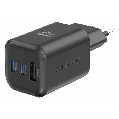 Swissten síťový adaptér GaN 2x USB-C 65W PD + 1x USB-A 18W QC černý 22071410