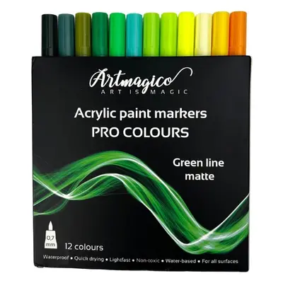 Popisovače Artmagico Pro Green Line akrylové fixy, zelené odstíny, 12 ks