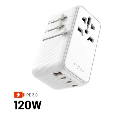 Cestovní adaptér FIXED Voyager Travel GaN PD 120W pro EU UK a USA/AUS s 3xUSB-C a 1xUSB bílý