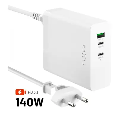 Nabíječka do sítě FIXED Charging Station s 2xUSB-C a USB výstupem podpora PD 3.1 140W bílá