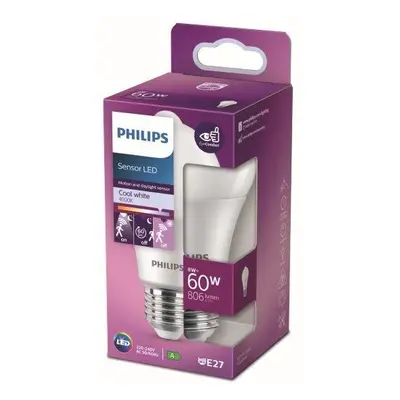 Philips 8718699782757 LED žárovka 1x8W | E27 | 806lm | 4000K - studená bílá, se senzorem, matná 