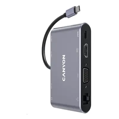 CANYON replikátor portů DS-14 8v1, 1xUSB-C PD 100W, 1xHDMI (4K), VGA, 3xUSB-A 3.0, RJ45 Gb, 3.5m