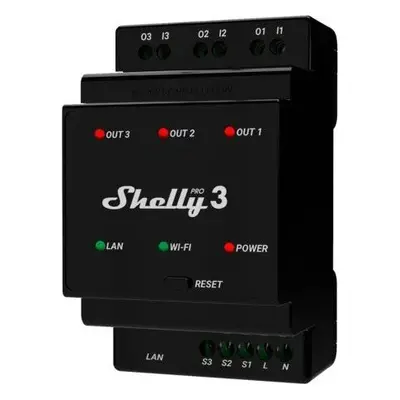 Spínač Shelly Pro 3, spínací modul 3x 16A na DIN lištu, WiFi, LAN