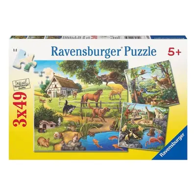 RAVENSBURGER Puzzle Zvířata v lese, ZOO a na statku 3x49 dílků