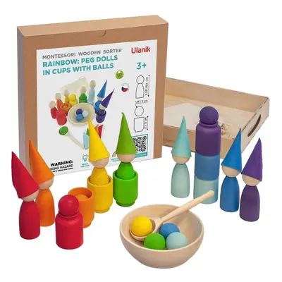 Montessori hračka ULANIK Rainbow: Peg Dolls in Cups with Hats and Balls