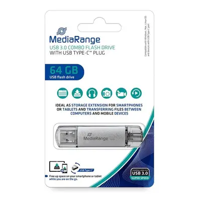 MediaRange USB flash disk, USB 3.0, 64GB, stříbrný, MR937, USB A / USB C, s krytkou