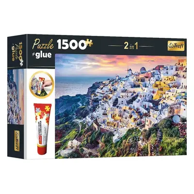 Puzzle Trefl Sada 2v1 puzzle Nádherný ostrov Santorini, Řecko 1 500 dílků s lepidlem