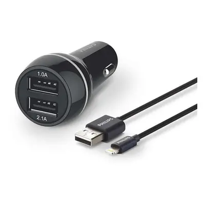 Nabíječka do auta Philips Dual Car Charger 2x USB 3.1A s kabelem Lightning/ MFi, černá