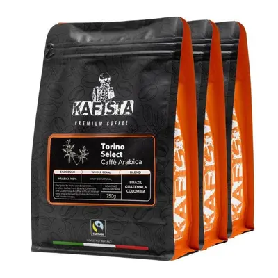 Káva Kafista "Torino Select" -Zrnková káva, 100% Arabica Espresso Káva, Pražená v Itálii 3 x 250