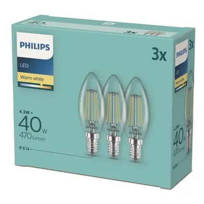 LED žárovka Philips LED classic 4.3-40W, E14 2700K, 3ks