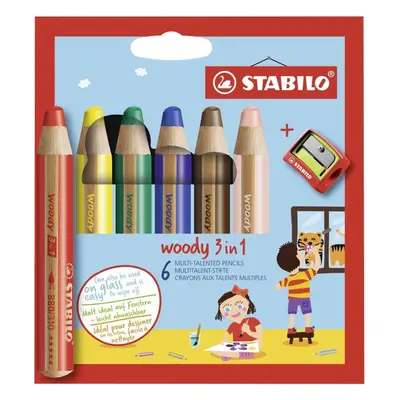 Pastelky STABILO woody 3 v 1, pouzdro s ořezávátkem 6 barev