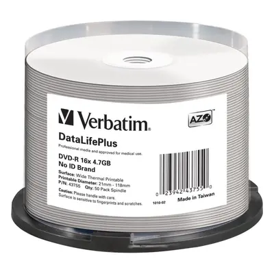 Média VERBATIM DVD-R DataLifePlus 4.7GB, 16x, thermal printable, spindle 50 ks