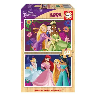 EDUCA Dřevěné puzzle Disney princezny 2 × 50 dílků