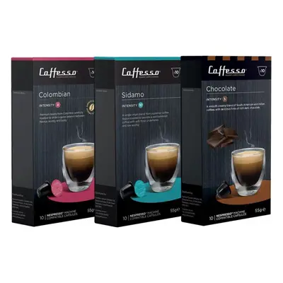 Kávové kapsle Caffesso Balíček kapslí Colobian, Sidamo a Chocolate