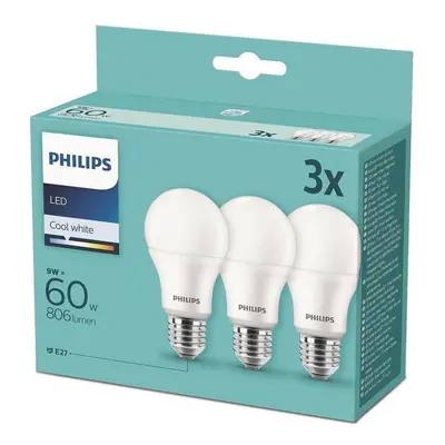 LED žárovka Philips LED 9-60W, E27 4000K, 3ks