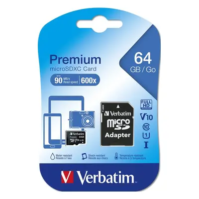 Paměťová karta Verbatim MicroSDXC 64GB Premium + SD adaptér