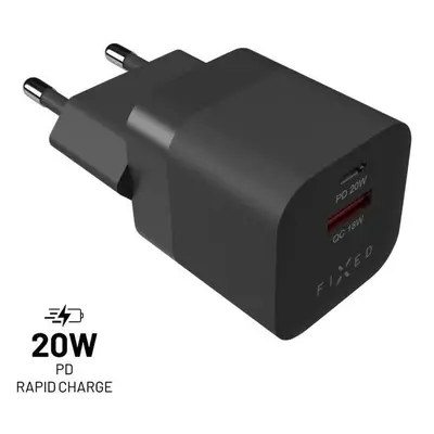 Nabíječka do sítě FIXED PD Rapid Charge Mini s USB-C a USB výstupem podpora PD a QC 3.0 20W čern