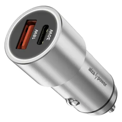 Nabíječka do auta AlzaPower Car Charger X525 USB-A + USB-C Power Delivery 30W stříbrná