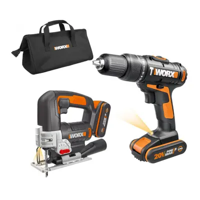 WORX Orange WX967 - Aku příklepová vrtačka a aku přímočará pila 20V, 2x 2.0Ah + taška - PowerSha