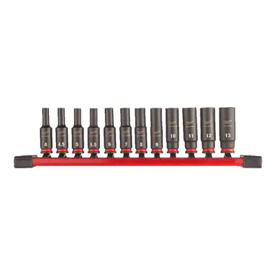 Průmyslové hlavice Shockwave 1/4" 4 ÷ 13 mm na liště Milwaukee 4932480453 dlouhé (Sada 12 dílů)