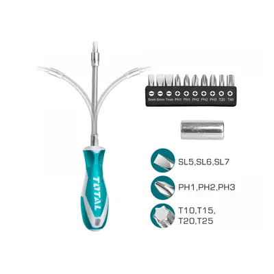 TOTAL Šroubovák s hroty, sada 12ks, 10ks 6.35X25mm hrotů: SL5,SL6,SL7,PH1,PH2,PH3,T10,T15,T20,T2