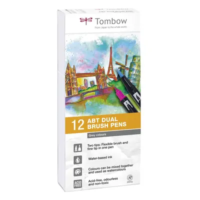 Tombow Tombow, ABT-12P-3, ABT Dual Brush pen, oboustranné popisovače, Grey tone, 12 ks