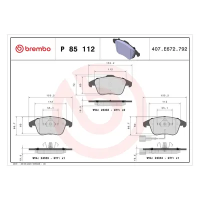 Sada brzdových destiček, kotoučová brzda BREMBO P 85 112