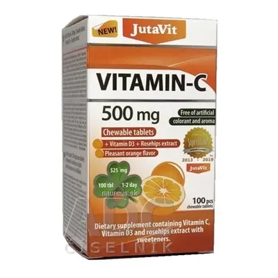 JuvaPharma Kft. JutaVit Vitamin C 500 mg žvýkací tablety, s vitamínem D3 a extraktem ze šípků, s