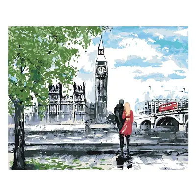 MALUJEŠ Malování podle čísel - MILENCI A BIG BEN V LETNÍM ČASE Rozměr: 80x100 cm, Rámování: bez 