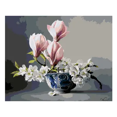 MALUJEŠ Malování podle čísel - PIETER WAGEMANS - MAGNOLIE A KVÍTKA TŘEŠNÍ Rozměr: 60x80 cm, Rámo