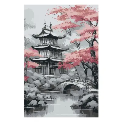 MALUJEŠ Malování podle čísel - JAPONSKÝ CHRÁM S OKRASNOU SAKUROU Rozměr: 60x80 cm, Rámování: bez