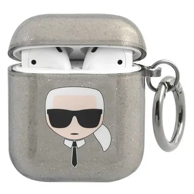 Karl Lagerfeld KLA2UKHGK pouzdro na AirPods 2. Generace / 1. Generace Black glitter Karl`s head