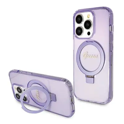 Guess hard silikonové pouzdro iPhone 15 PRO 6.1" purple Ring Stand Script Glitter MagSafe