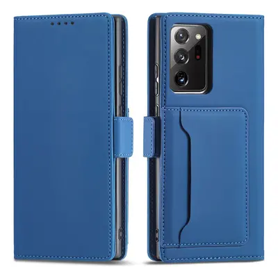 Magnet Card Case elegantní knížkové pouzdro s venkovní kapsou na Samsung Galaxy S22 ULTRA 5G Blu