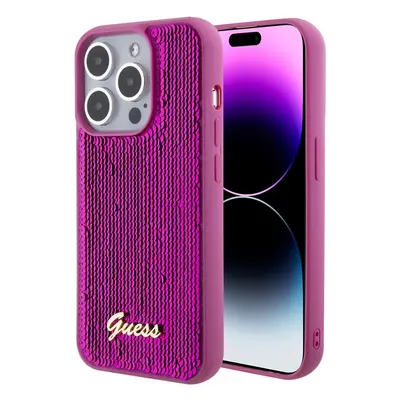 Guess hard silikonový obal iPhone 15 6.1" Magenta Sequin Script Metal