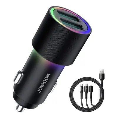 Autonabíječka 2 x USB s podsvícením 24W a kabelem 3v1 USB-C / microUSB / Lightning Joyroom JR-CL