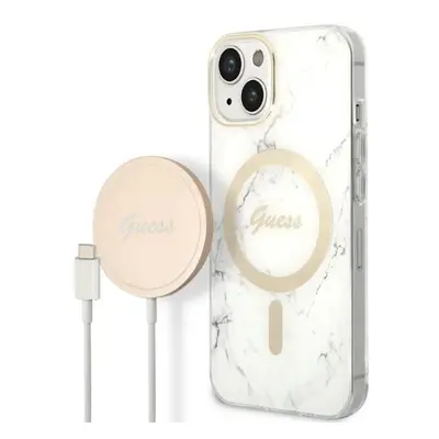 Guess GUBPP14SHMEACSH sada nabíječky MagSafe a pouzdra na iPhone 14 6.1" white Marble MagSafe