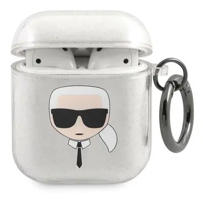 Karl Lagerfeld KLA2UKHGS pouzdro na AirPods 2. Generace / 1. Generace Silver glitter Karl`s head