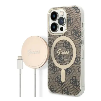 Guess GUBPP14XH4EACSW sada nabíječky MagSafe a pouzdra na iPhone 14 PRO MAX 6.7" brown 4G Print 