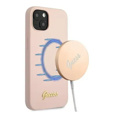 Guess GUHMP13MLSLMGLP hard silikonové pouzdro iPhone 13 6.1" light pink Silicone Script Gold Log