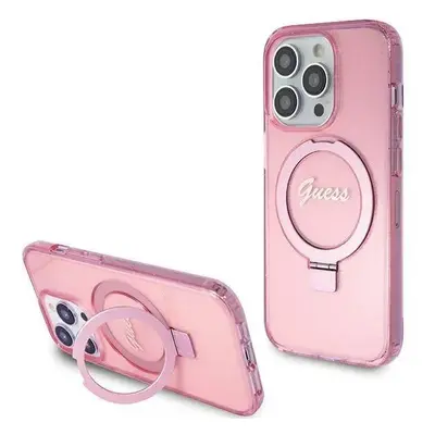 Guess hard silikonové pouzdro iPhone 15 PRO 6.1" pink Ring Stand Script Glitter MagSafe