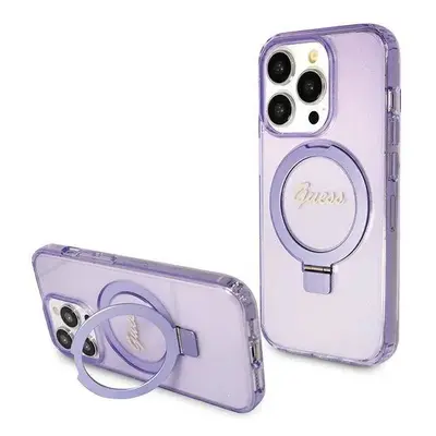 Guess hard silikonové pouzdro iPhone 15 PRO 6.1" purple Ring Stand Script Glitter MagSafe