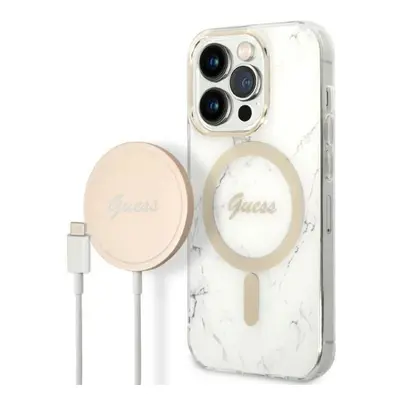 Guess GUBPP14LHMEACSH sada nabíječky MagSafe a pouzdra na iPhone 14 PRO 6.1" white Marble MagSaf