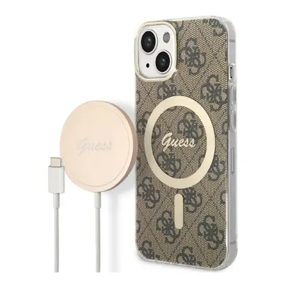 Guess GUBPP14SH4EACSW sada nabíječky MagSafe a pouzdra na iPhone 14 6.1" brown 4G Print MagSafe